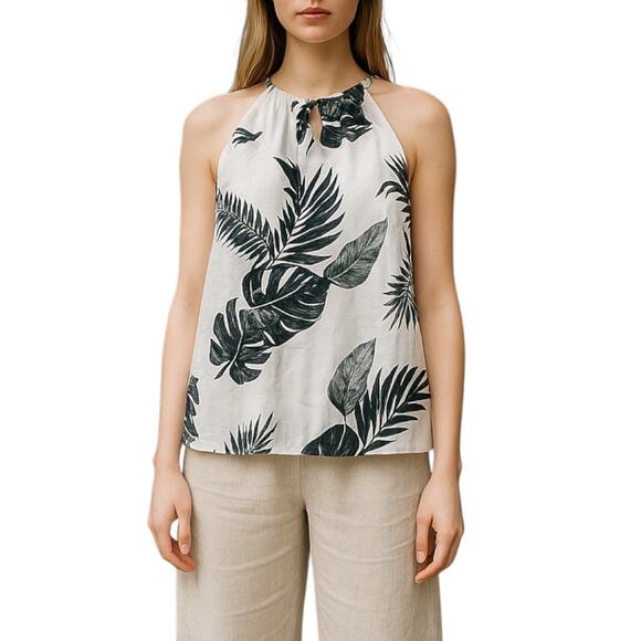 Old Navy Tropical Leaf Printed Halter Neck Top White Black Size XS - Picture 1 of 8